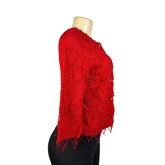 Michael Simon Red Cotton Cardigan Beaded Sequin Hearts Embellished Details Sz M - Picture 2 of 11